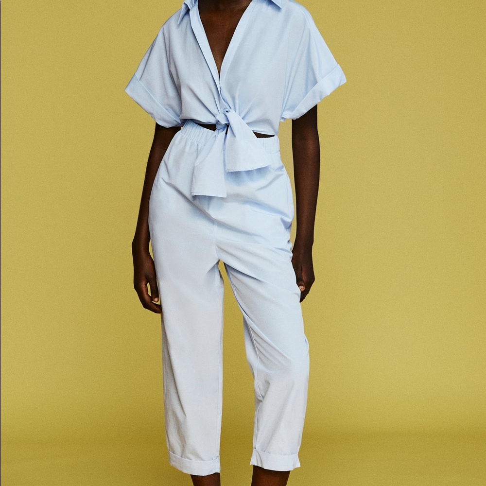 ZARA KNOTTED POPLIN JUMPSUIT SZ M SKY BLUE